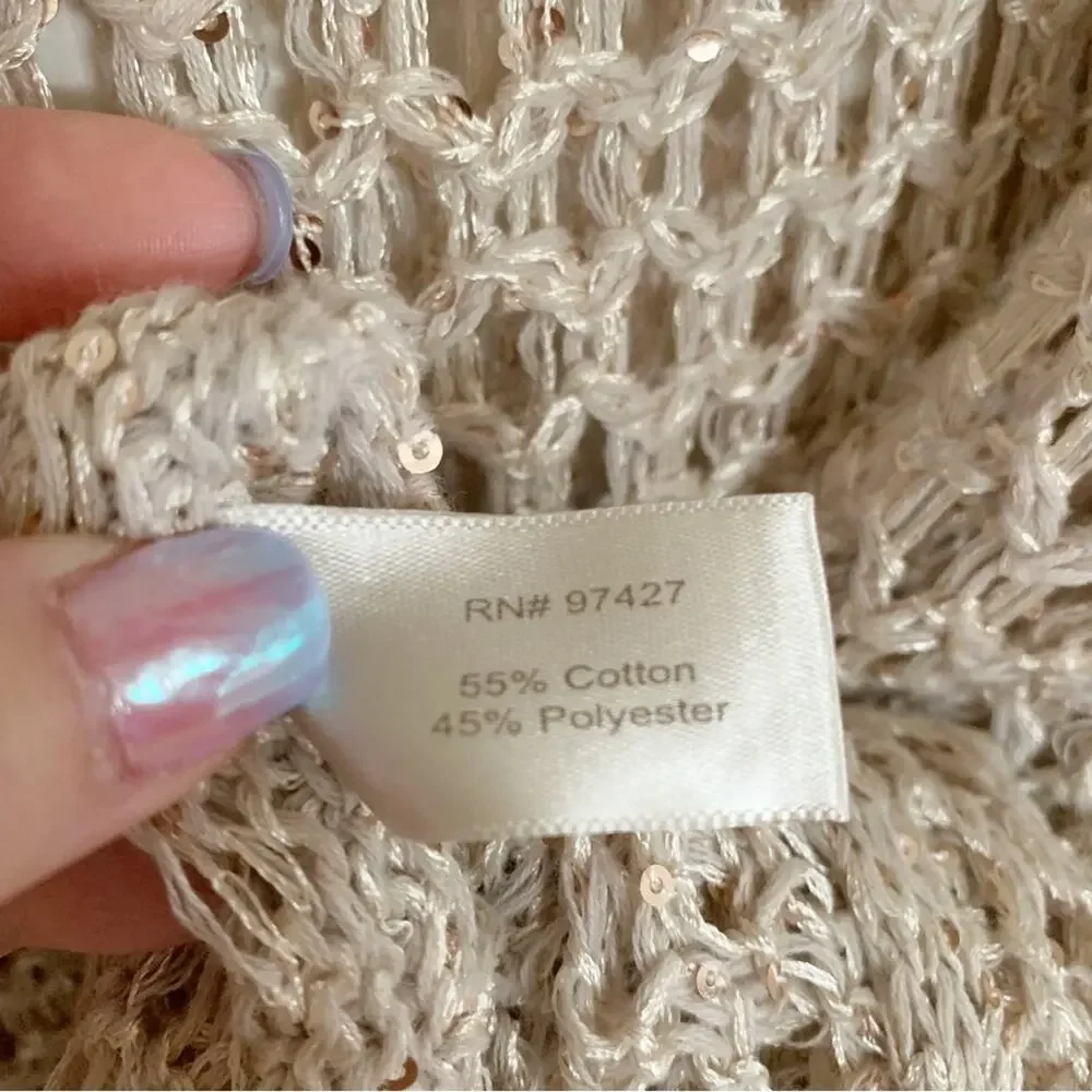 Dolce Cabo Oatmeal Metallic Sequin Open Weave Crochet Coverup XL